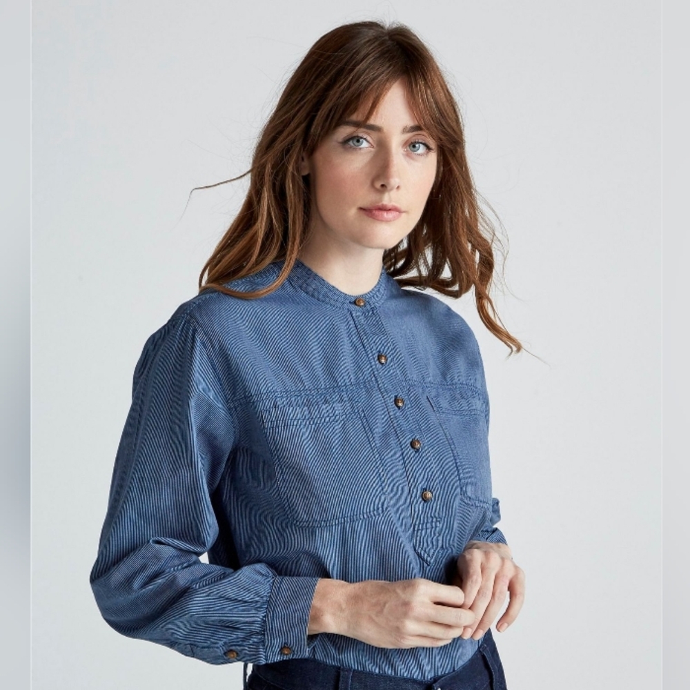 Lucky Brand Edie Striped Popover Top Blue White Pinstripe Size M NWT